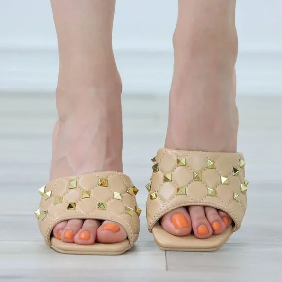 Nude High Heel Sandals Square Open Toe Slip On Mules Stiletto's - Picture 8 of 11